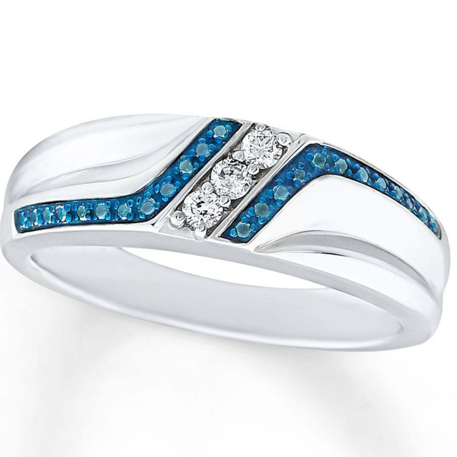 Mens Blue Diamond Wedding Band
 10K Mens White Gold Blue And White Diamond Wedding Band