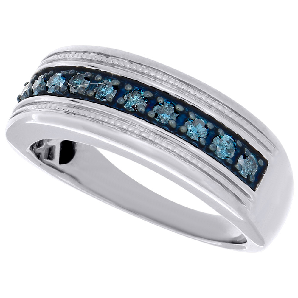 Mens Blue Diamond Wedding Band
 925 Sterling Silver Mens Blue Diamond Wedding Band Round