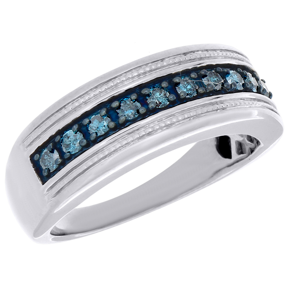 Mens Blue Diamond Wedding Band
 925 Sterling Silver Mens Blue Diamond Wedding Band Round