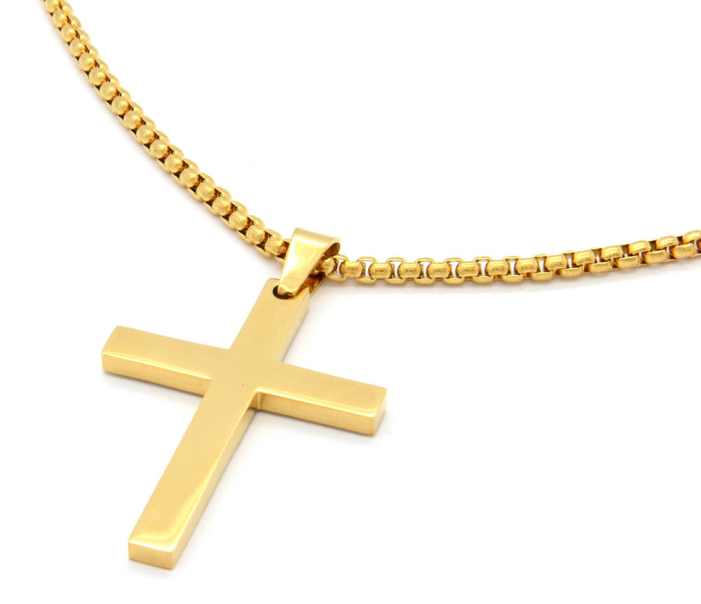 Mens Gold Plated Necklace
 Mens Stainless Steel Gold Plated Cross Plain Pendant 24
