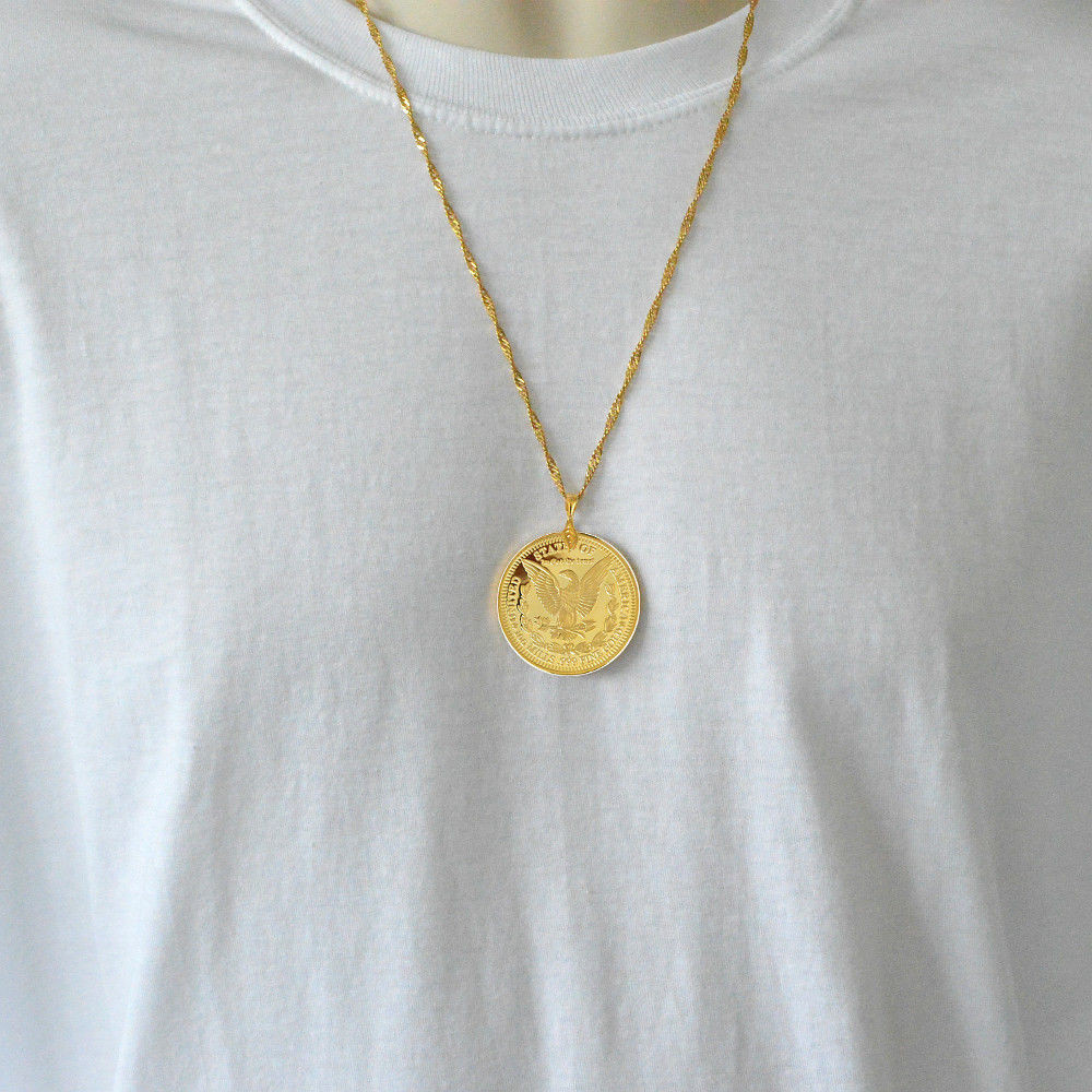 Mens Gold Plated Necklace
 Morgan Eagle 1896 Coin Necklace Pendant Mens 24k Gold