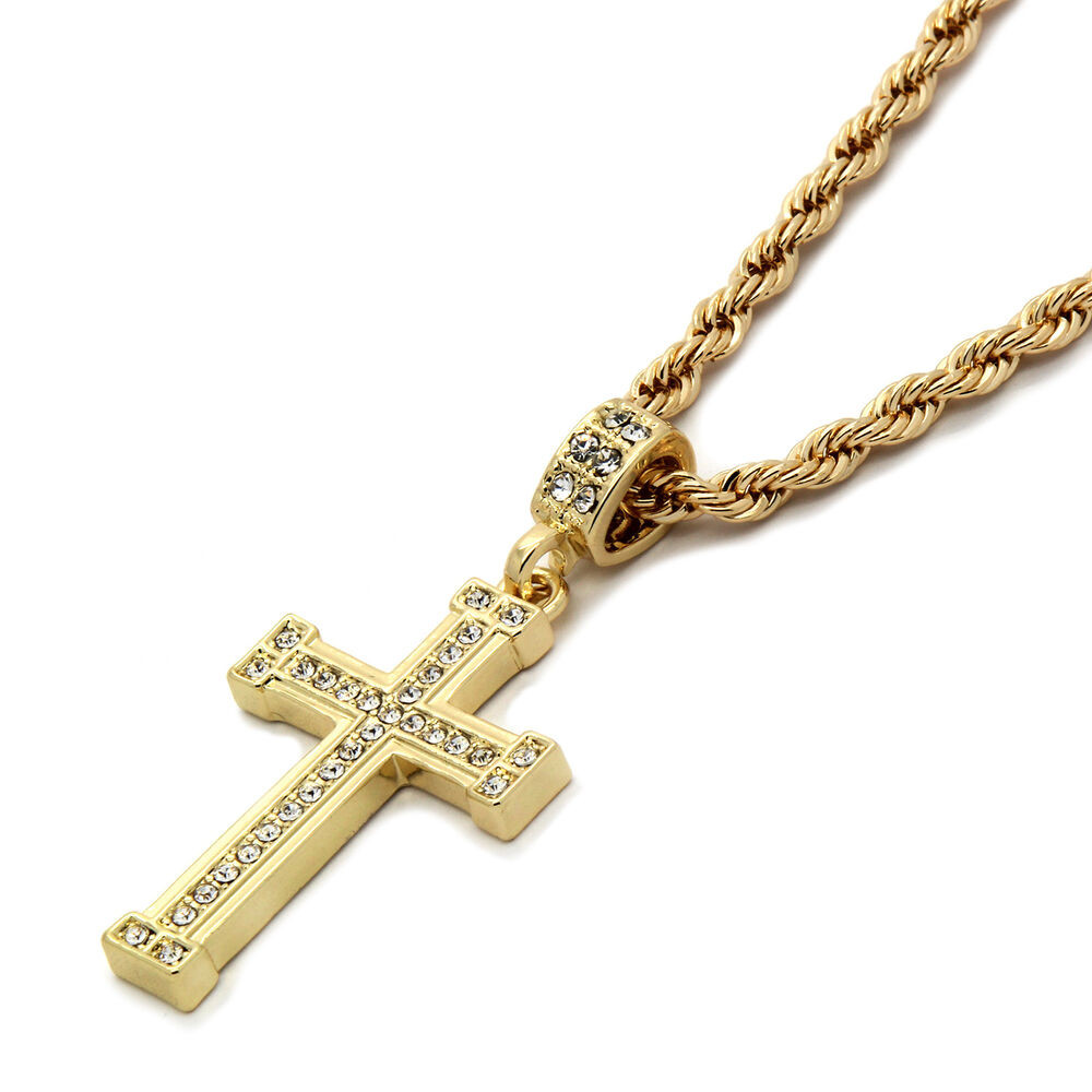 Mens Gold Plated Necklace
 Mens 14k Gold Plated Staple Cz Cross Pendant With 24