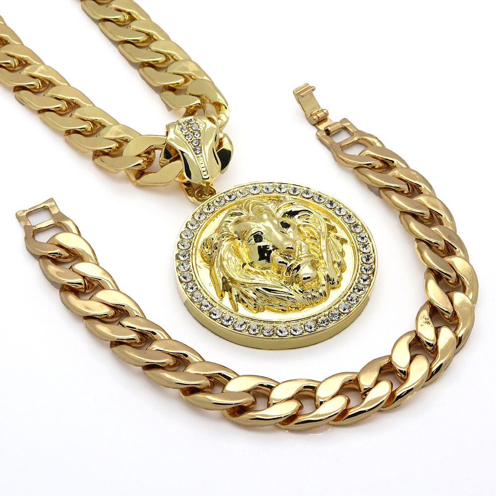 Mens Gold Plated Necklace
 Mens 14k Gold Plated 14mm30" Cuban Chain Lion Face Black