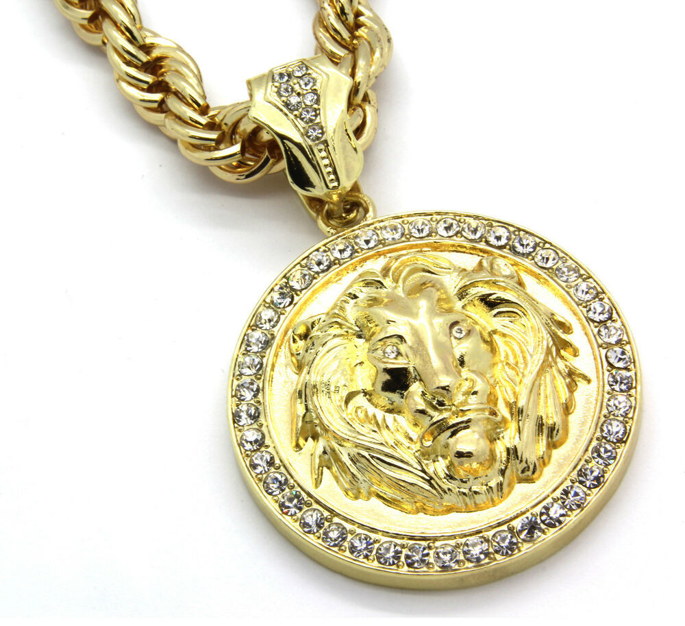 Mens Gold Plated Necklace
 Mens 14k Gold Plated 30" Rope Chain Lion Face Clear Eyes