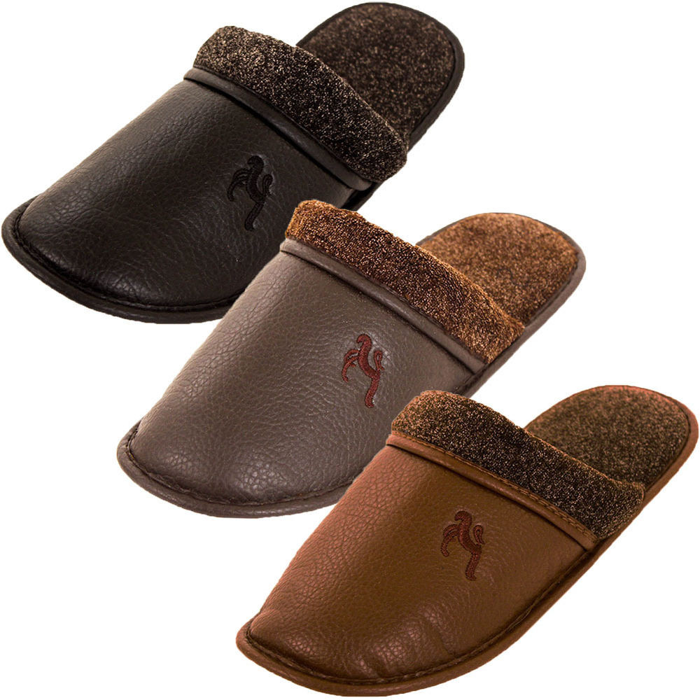 Mens Leather Bedroom Slippers
 Mens Slippers Slip House Shoes Faux Leather Fleece