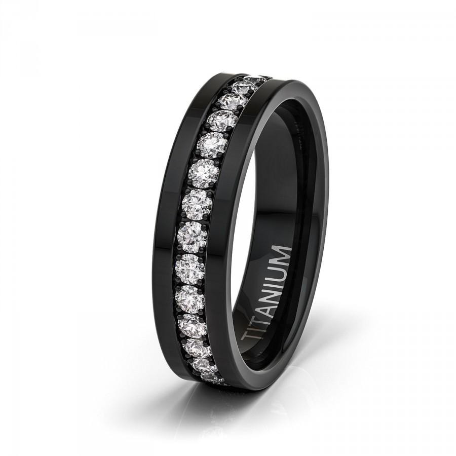Mens Wedding Band With Black Diamonds
 Mens Wedding Band 6mm Black Titanium Ring Fully Stacked CZ