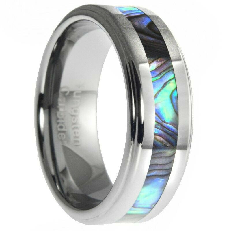 Mens Wedding Bands Size 15
 8mm Tungsten Ring With Abalone Shell Inlay Mens Wedding