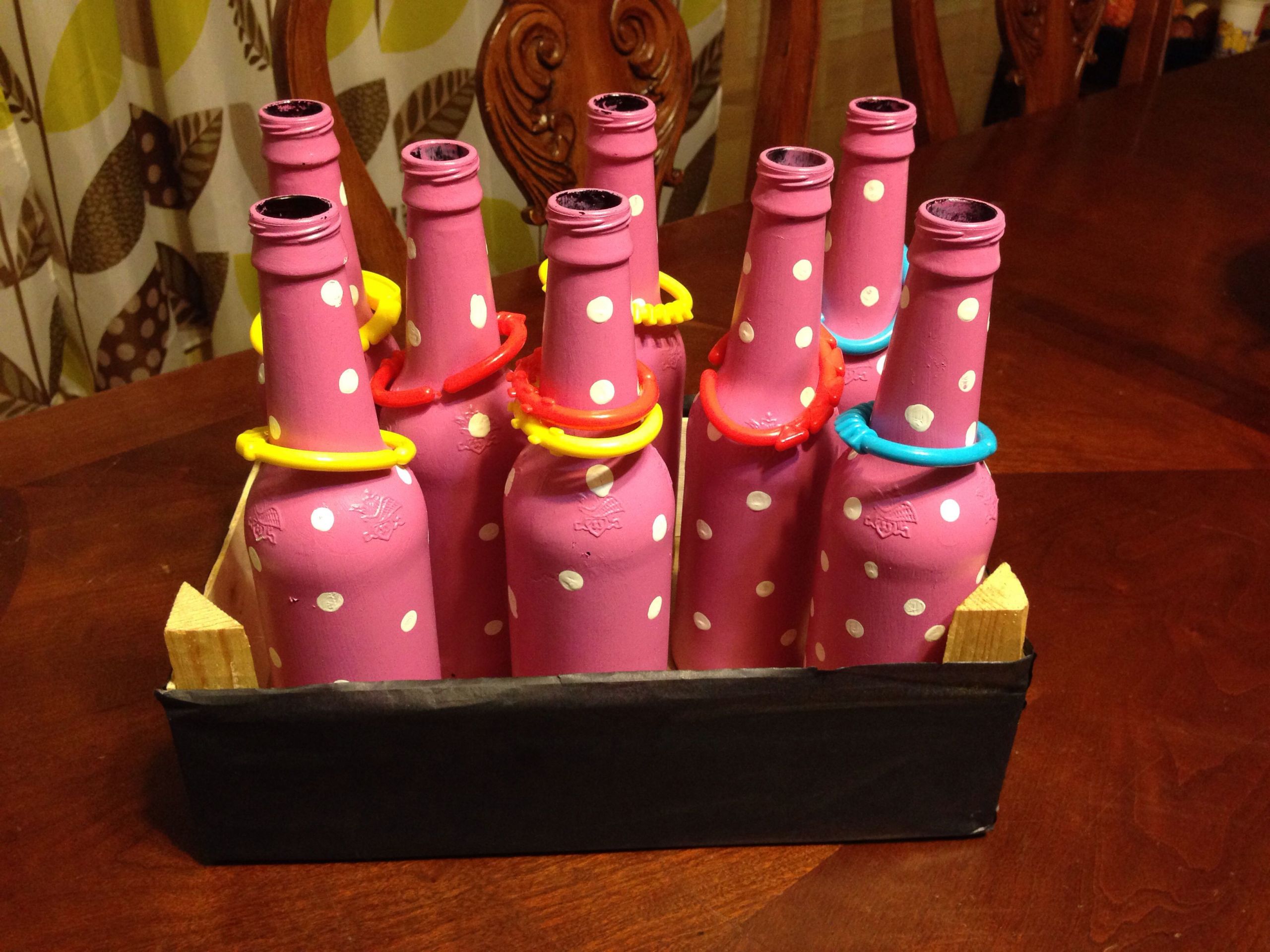 Minnie Mouse Games For Birthday Party
 Minnie Mouse Game Ring Toss with Beer Bottles painted pink