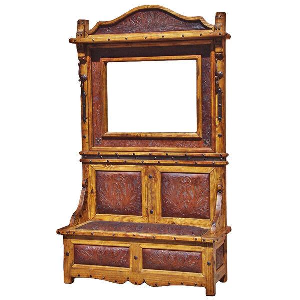 Mirror Storage Bench
 Tooled Leather Hall Tree Storage Bench Mirror Coat Rack