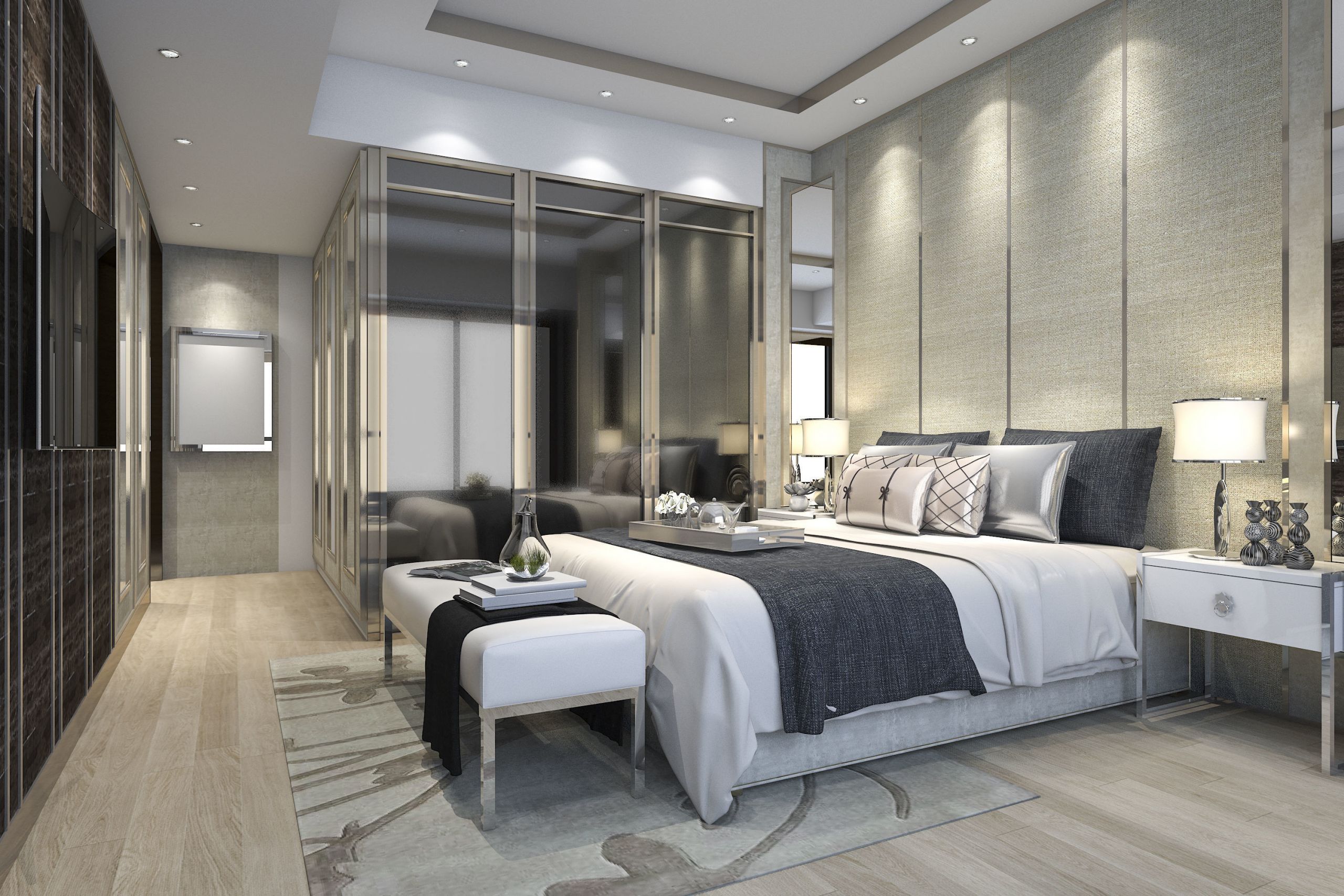 Modern Bedroom Suites
 luxury modern bedroom suite in hotel with wardrobe 3D