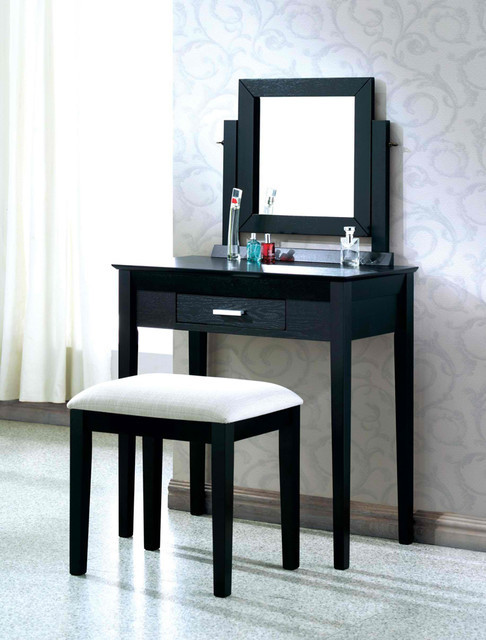 Modern Bedroom Vanity Sets
 Black Grain Veneer 2Pcs Vanity Set Grey Fabric Stool by