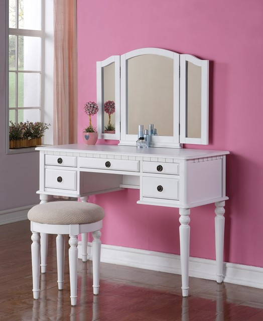 Modern Bedroom Vanity Sets
 Poundex F4074 White 5 Drawer Vanity Set with Mirror and