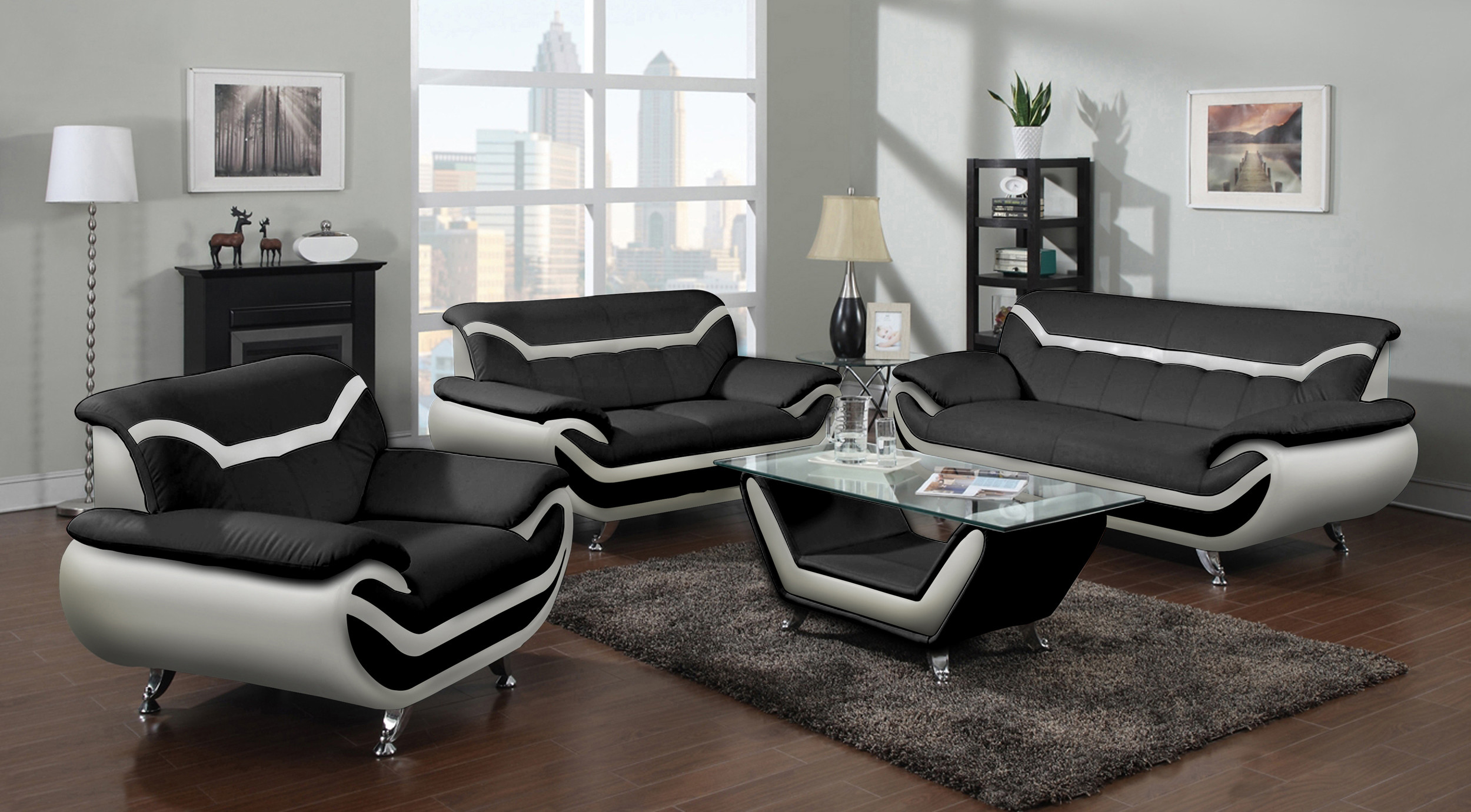 Modern Living Room Furniture Sets
 715L Black and White Leather Contemporary Living Room Set