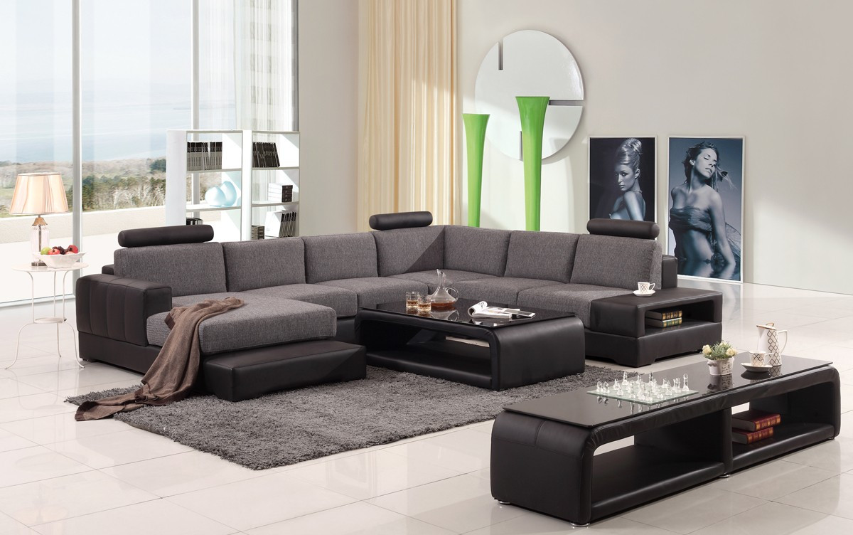 Modern Living Room Sectionals
 Divani Casa Modern Black & Grey Fabric & Leather Sectional