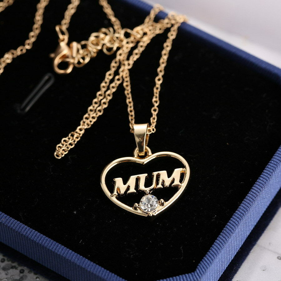Mothers Day Necklace
 Love Heart Mom Charm Pendant & Chain Necklace Gold Crystal