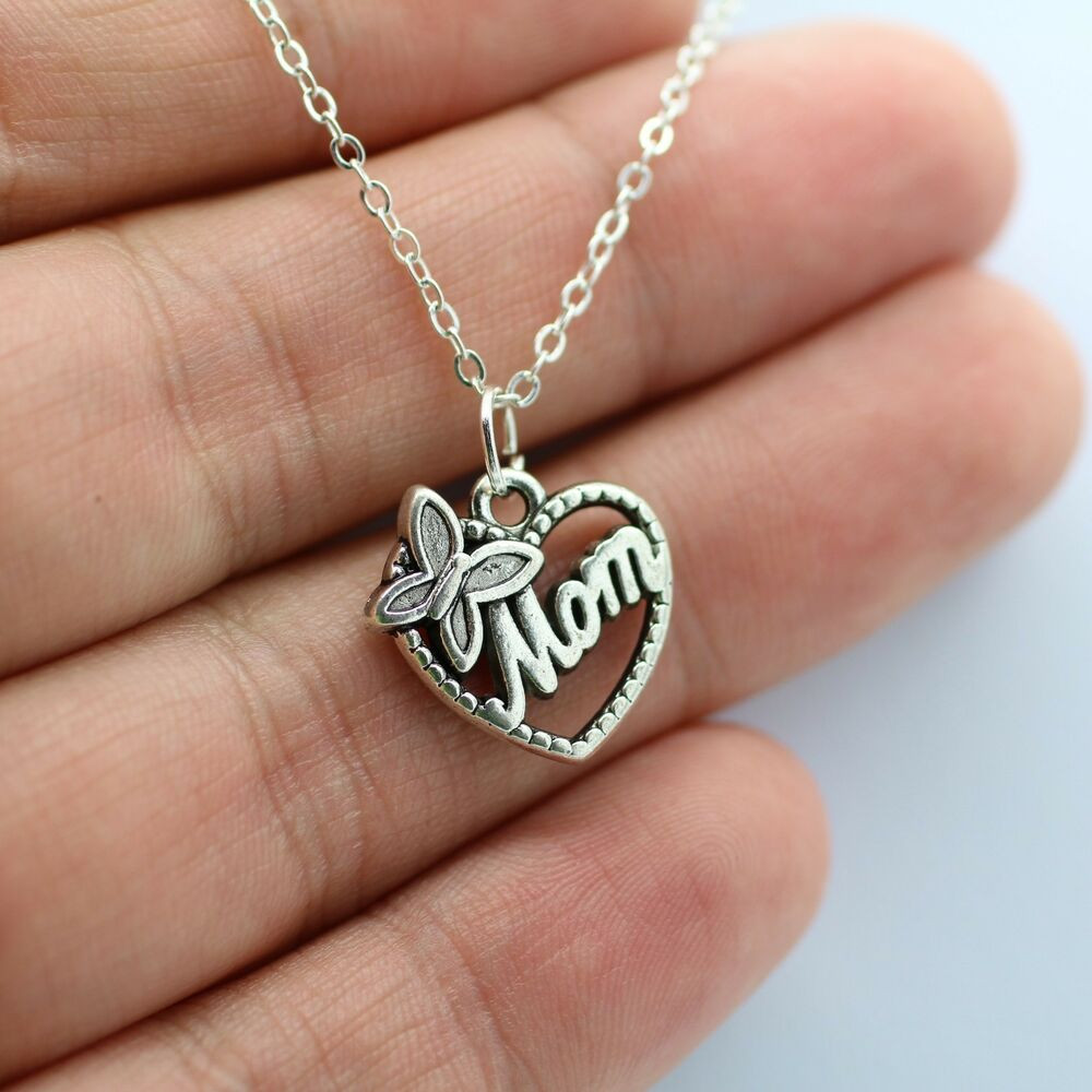Mothers Day Necklace
 Silver Mom Charm Necklace Butterfly Heart Love Mom