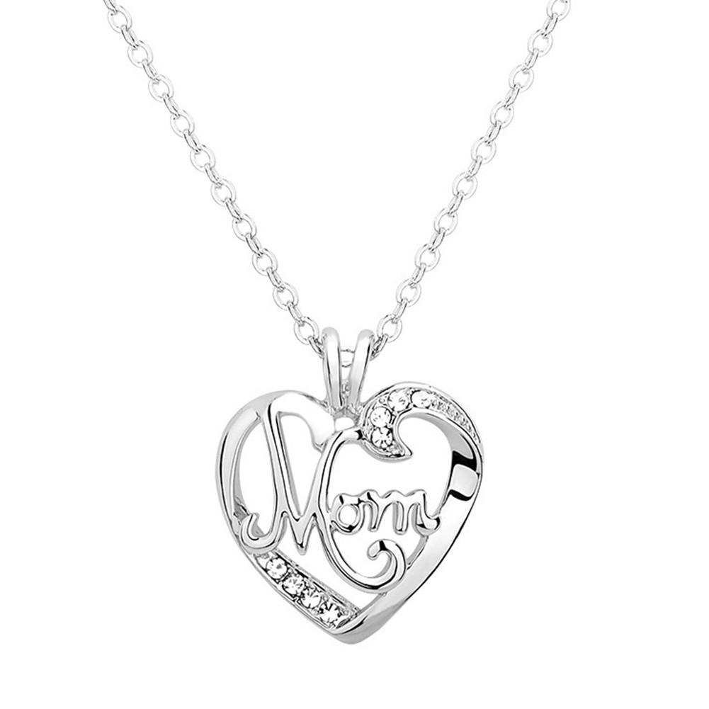 Mothers Day Necklace
 Silver "Mom" Heart Rhinestone Necklace Fashion Jewelry