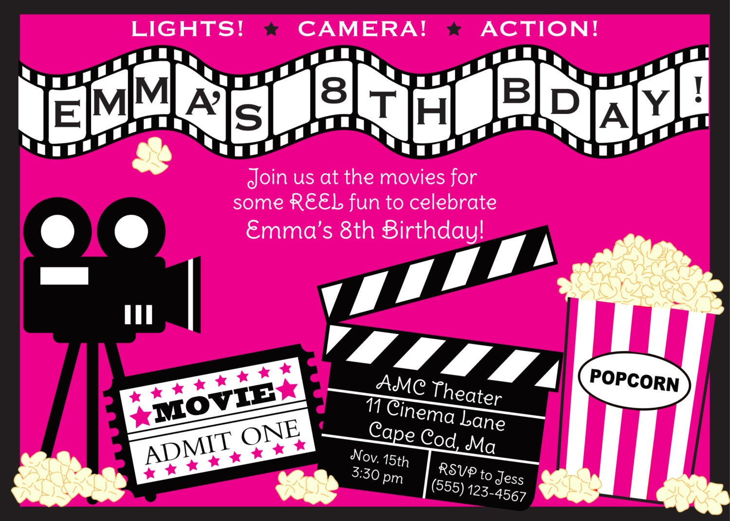 Movie Themed Birthday Party Invitations
 Movie Birthday Invitation Girl by AnchorBlueDesign on Etsy