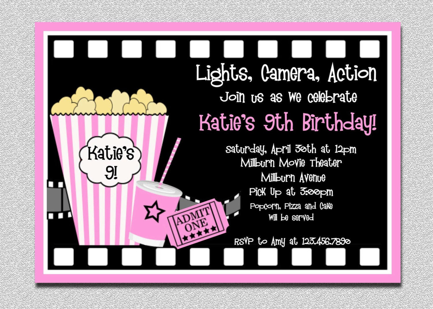 Movie Themed Birthday Party Invitations
 Movie Birthday Invitations Pink Movie Night Birthday Party