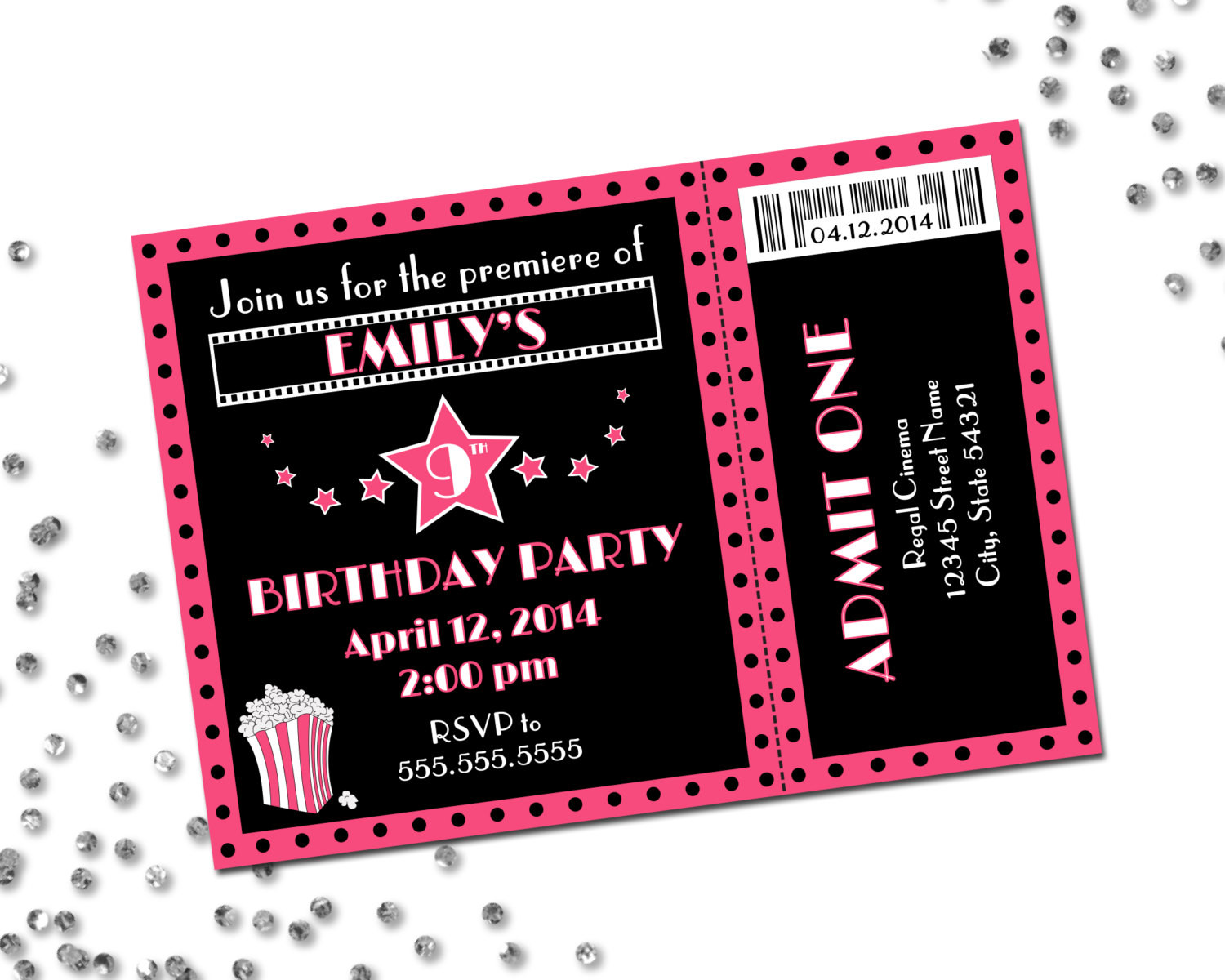 Movie Themed Birthday Party Invitations
 Movie Theme Birthday Party Invitation Pink and Black DIY