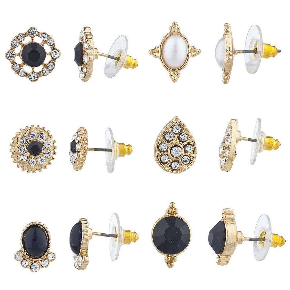 Multiple Earring Sets
 Lux Accessories Goldtone Black Rhinestone White Opal