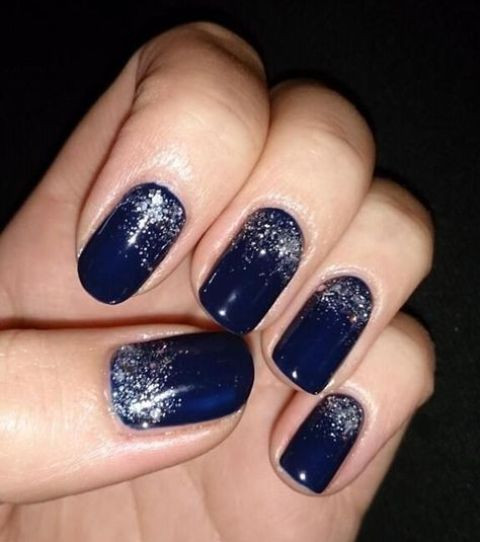 Navy Blue Glitter Nails
 Picture navy nails with silver glitter touches look