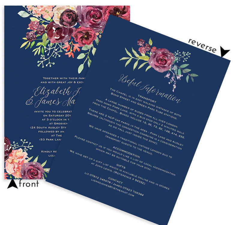 Navy Blue Wedding Invitations
 Navy & Burgundy Floral Wedding Invitation from £1 00 each