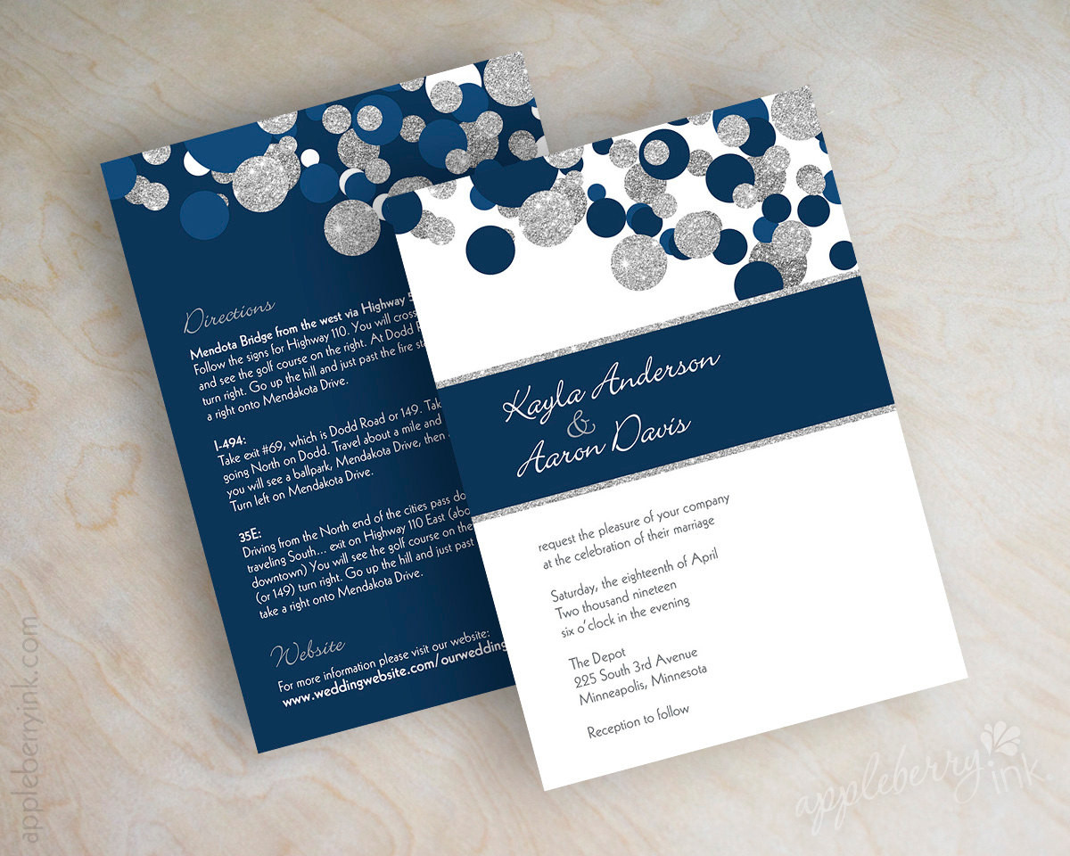 Navy Blue Wedding Invitations
 Navy blue and silver glitter polka dot wedding invitations