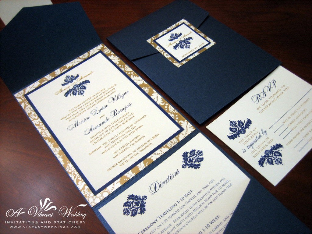 Navy Blue Wedding Invitations
 Navy Blue and Bronze Gold Wedding Invitation – Pocketfold