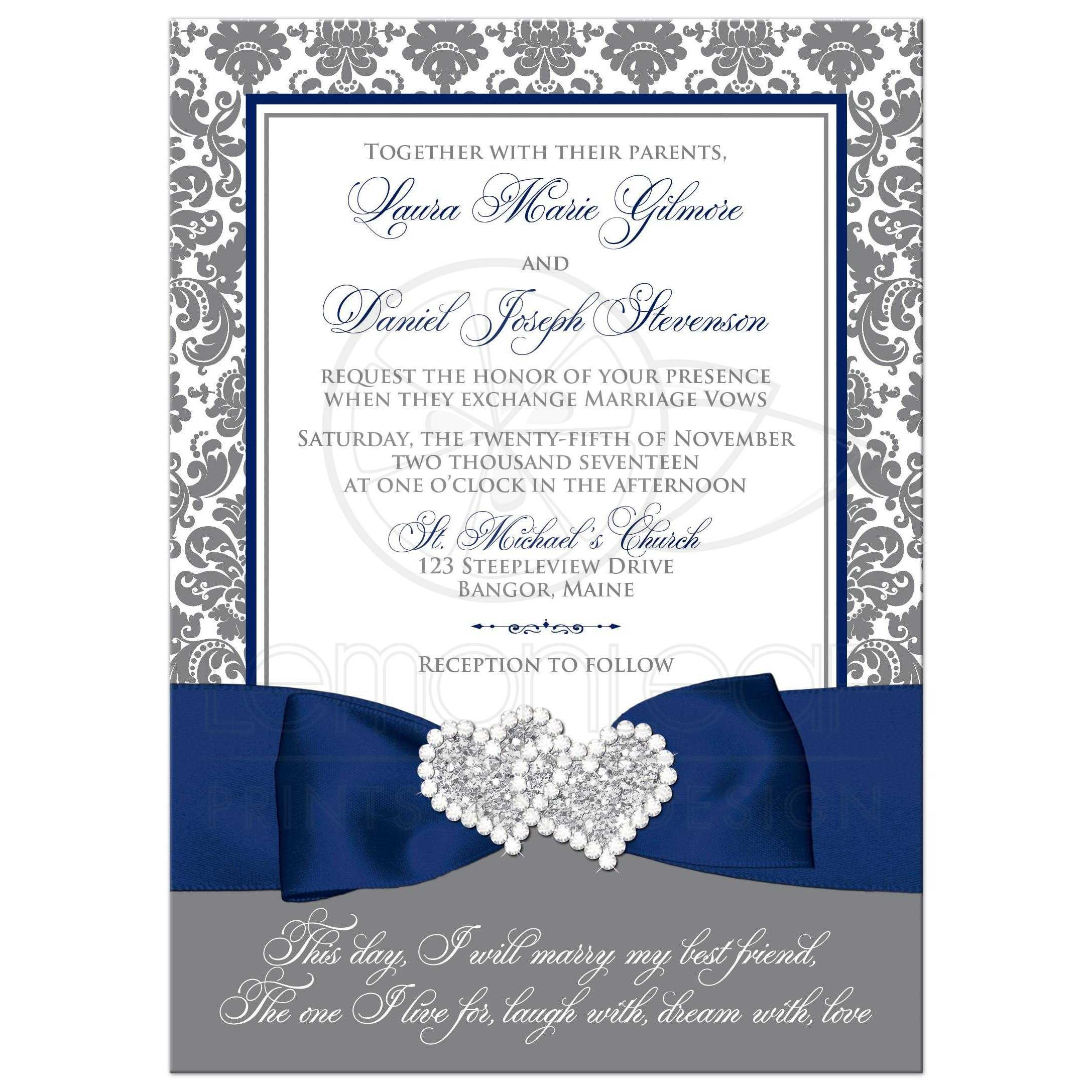 Navy Blue Wedding Invitations
 Navy Blue White and Gray Damask Wedding Invitation