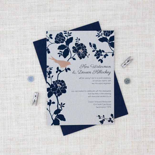 Navy Blue Wedding Invitations
 Silver Navy Blue and Blush Pink Garden Wedding Invite