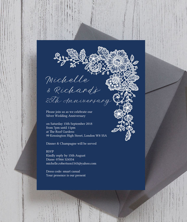 Navy Blue Wedding Invitations
 Navy Blue Floral Lace 25th Silver Wedding Anniversary