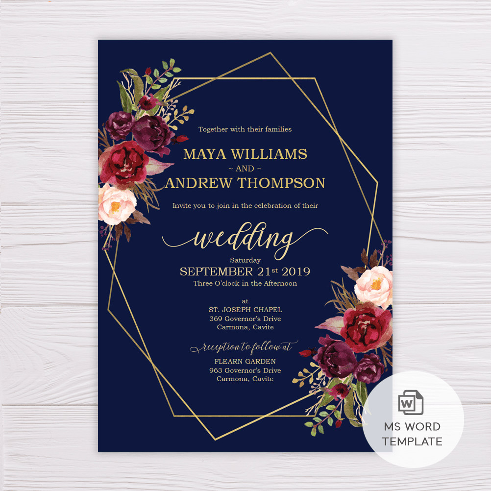 Navy Blue Wedding Invitations
 Navy Blue with Marsala Flowers & Gold Frame Wedding