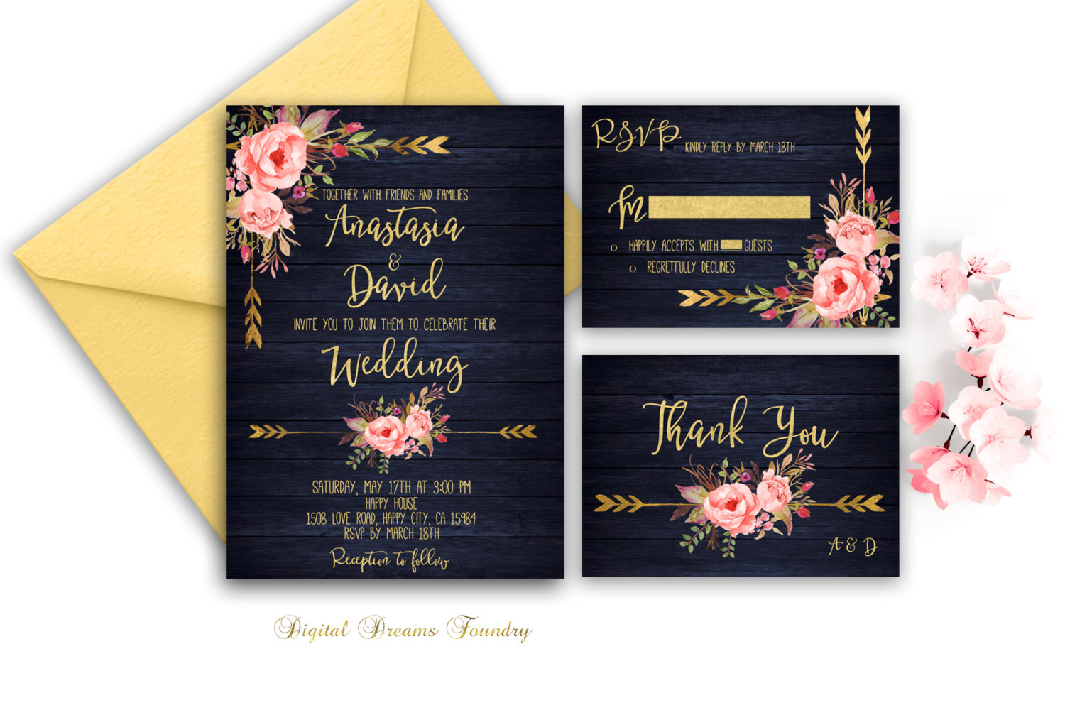 Navy Blue Wedding Invitations
 Navy Blue Wedding Invitation Printable Gold Wedding Floral