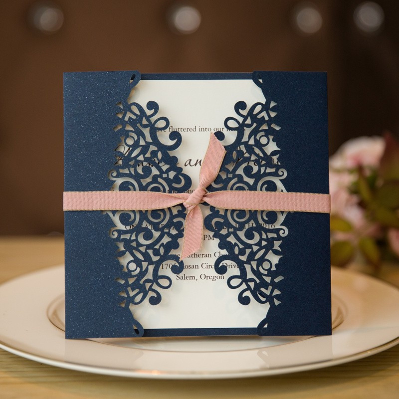 Navy Blue Wedding Invitations
 Formal Navy Blue Laser Cut Wedding Invitation Cards With