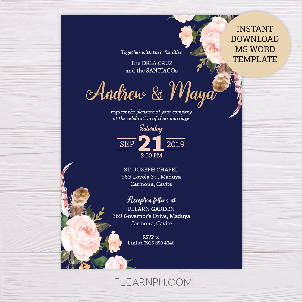 Navy Blue Wedding Invitations
 Navy Blue & Blush Flowers Wedding Invitation Template