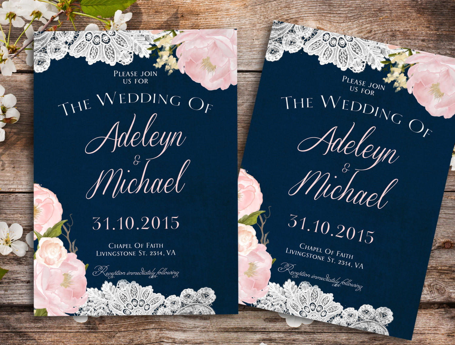 Navy Blue Wedding Invitations
 Navy blue blush pink Wedding Invitation Country Wedding