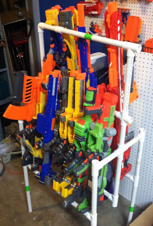 Nerf Gun Rack DIY
 Nerf Gun storage using 3 4" PVC Pipe Cheap portable and