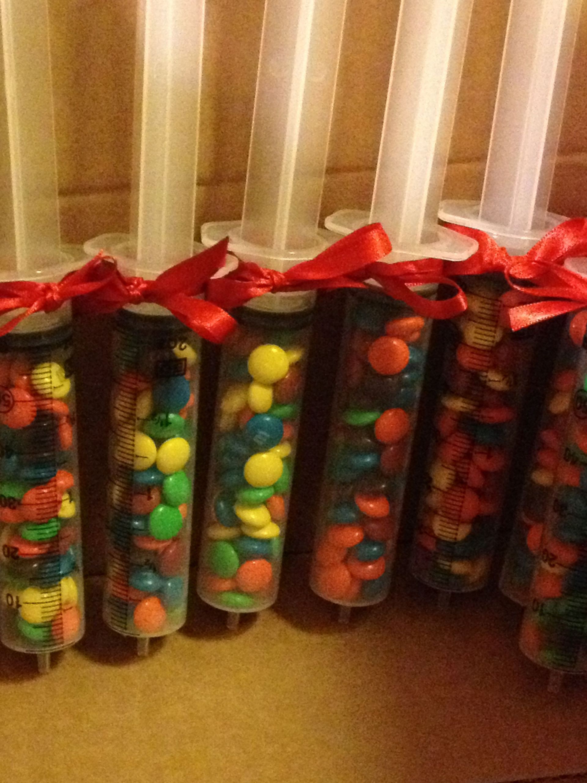 Nurses Week Gifts DIY
 M&M filled medical syringes doctors day luncheon favors