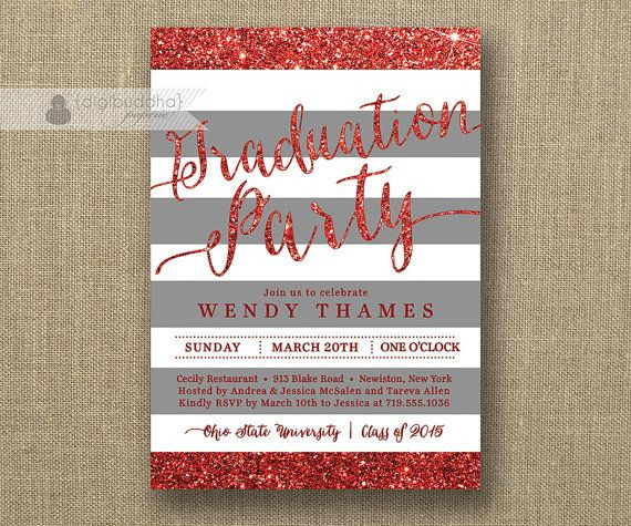 Ohio State Graduation Party Ideas
 Red & Gray Graduation Party Invitation Glitter Stripes