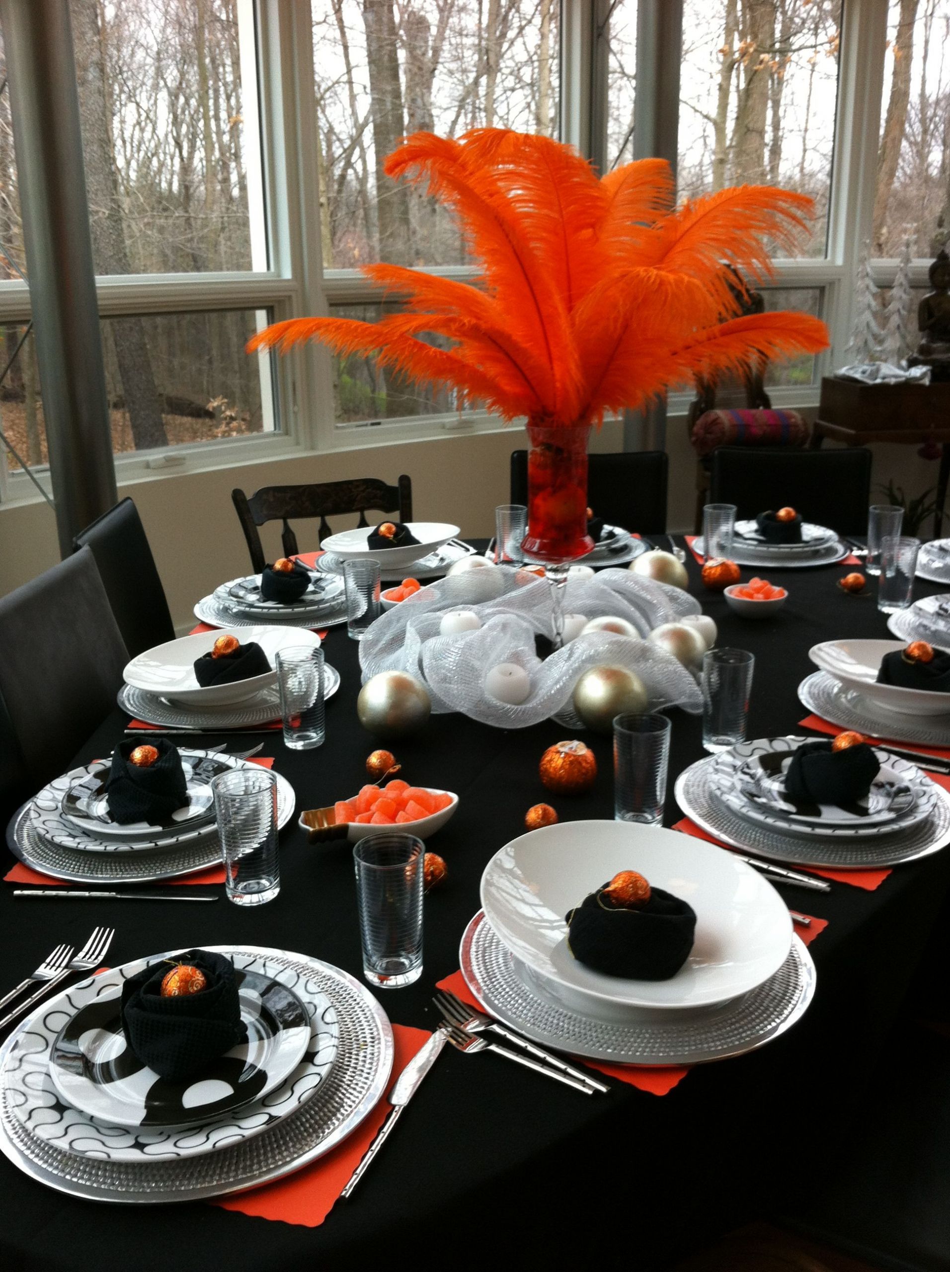 Orange And Black Graduation Party Ideas
 Feathers orange black and white birthday party table