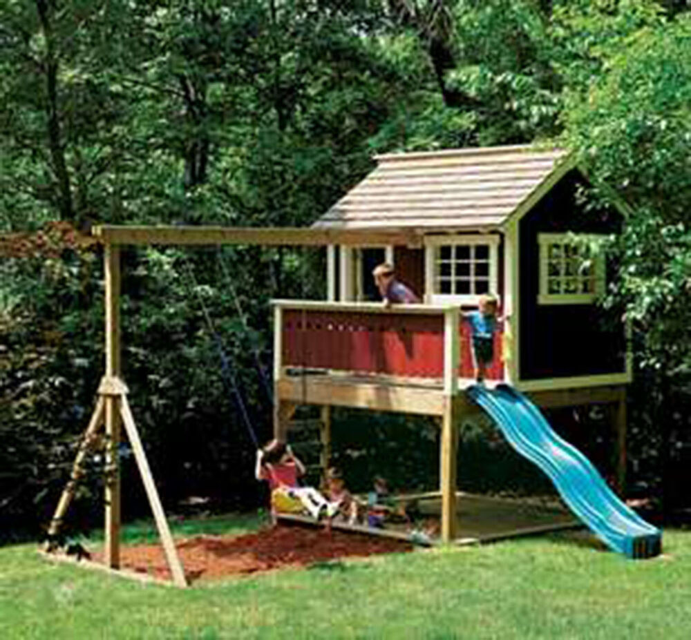 Outdoor Kids Playhouse
 Kids Outdoor Wooden Playhouse Swing Set Detailed Plan