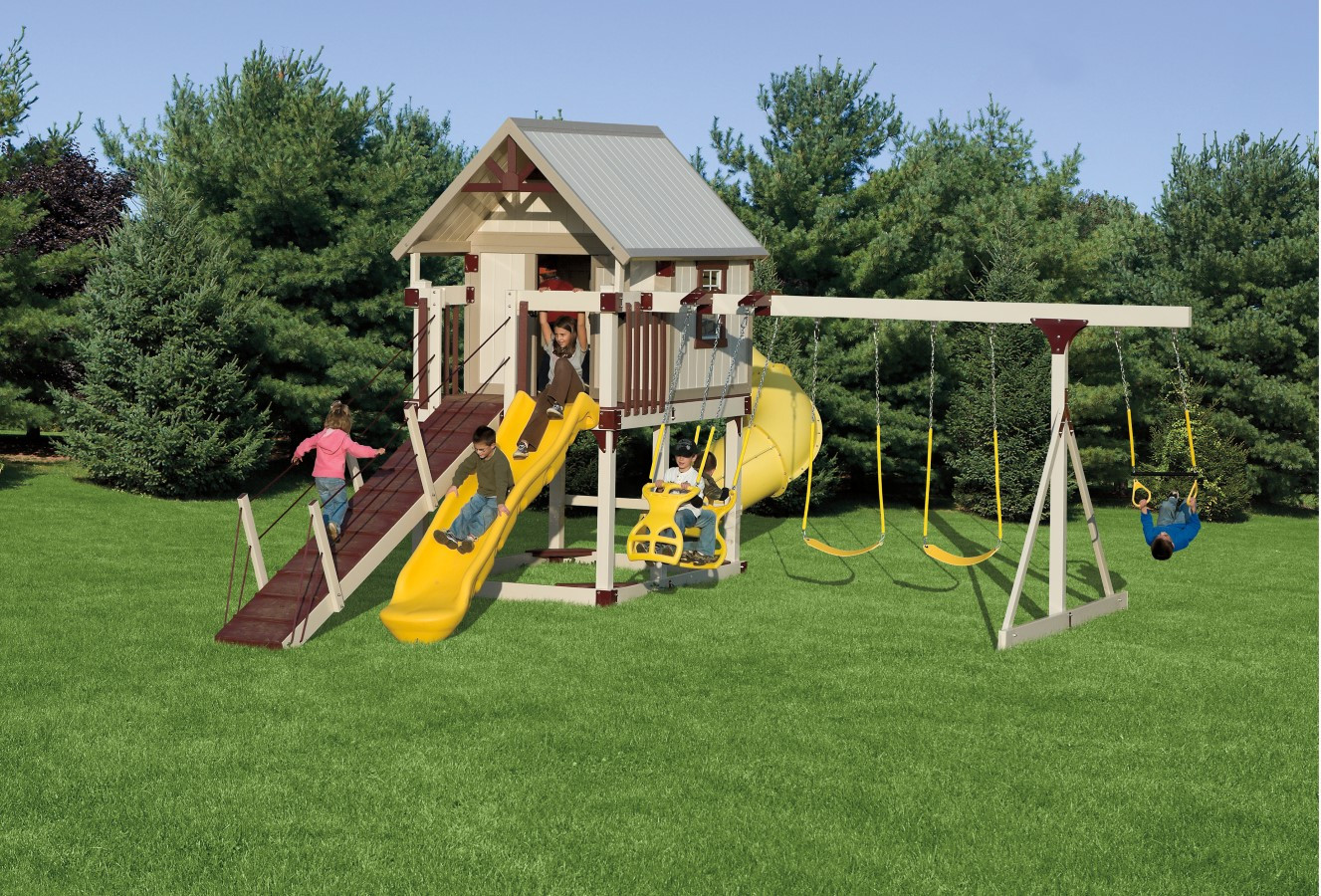 Outdoor Kids Swing
 Happy Hideout Playset Package with Swings & Slide H68 7