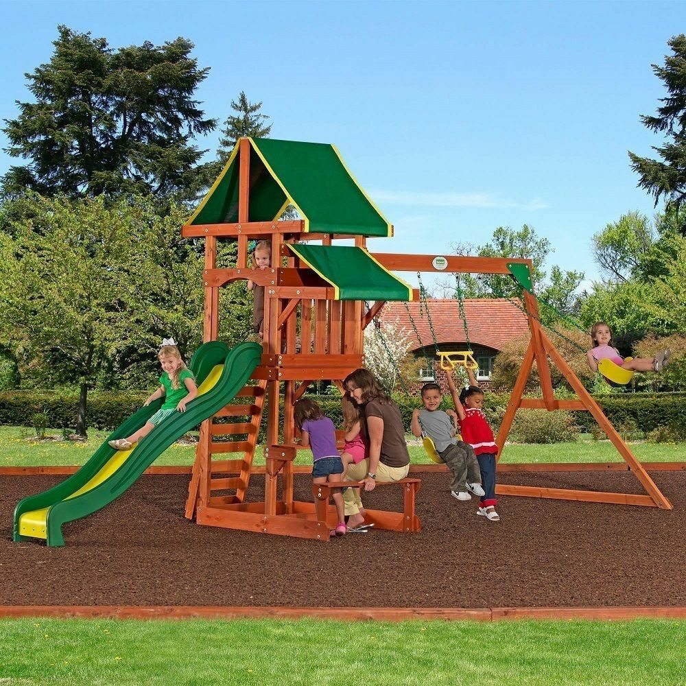 Outdoor Kids Swing
 Outdoor Playground Playset Wooden Swing Set Slide Backyard