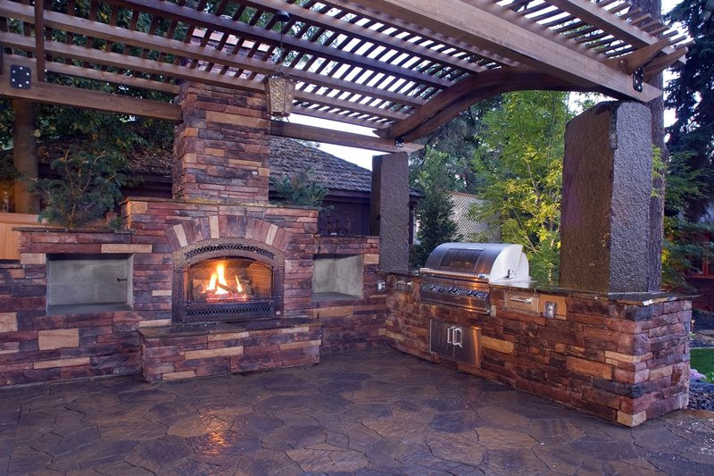 Outdoor Kitchen And Fireplace
 Pergola and Patio Cover Mead WA Gallery
