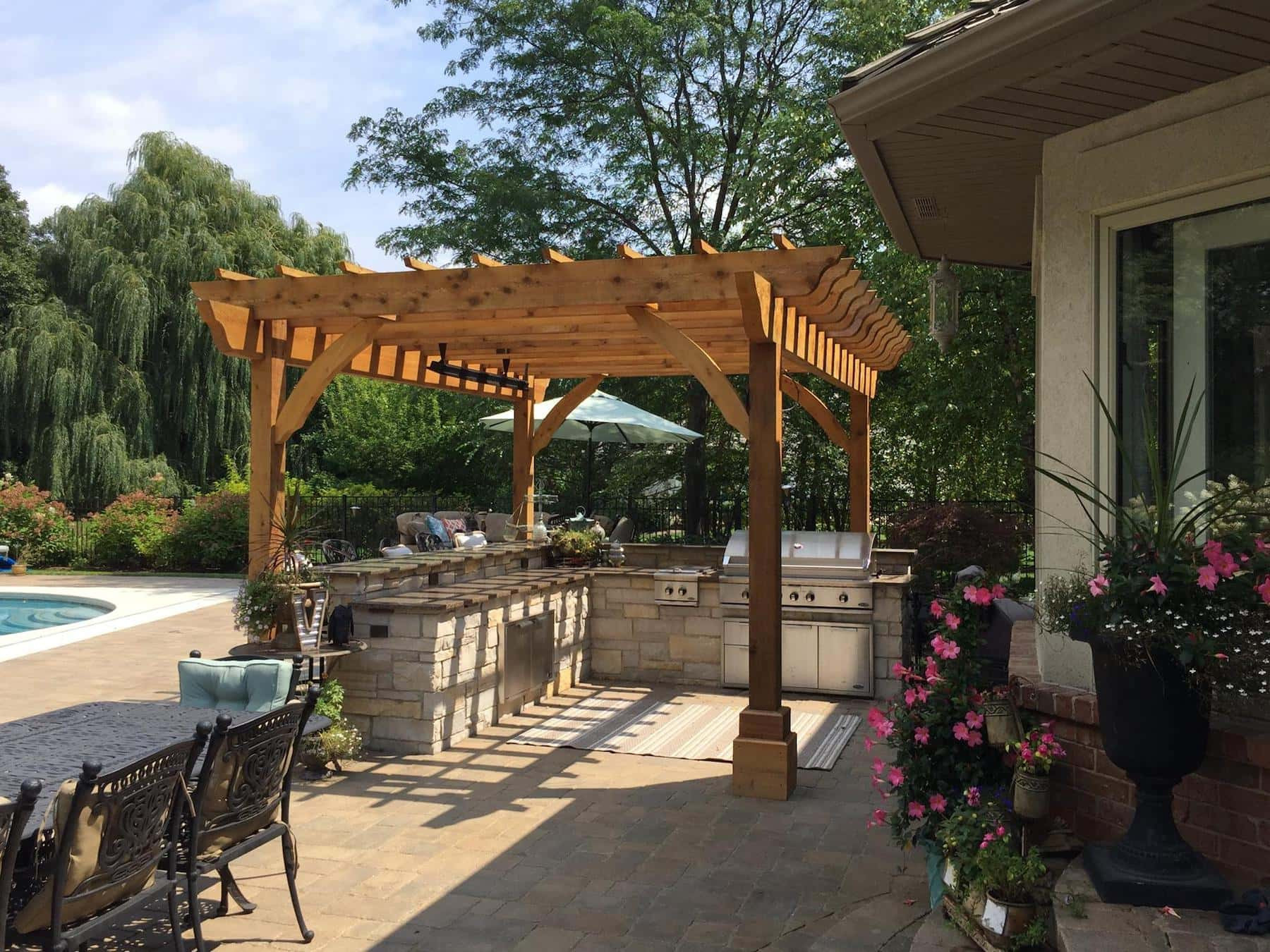 Outdoor Kitchen Pergola
 Raised Flagstone Patio Pergola & Outdoor Kitchen Green