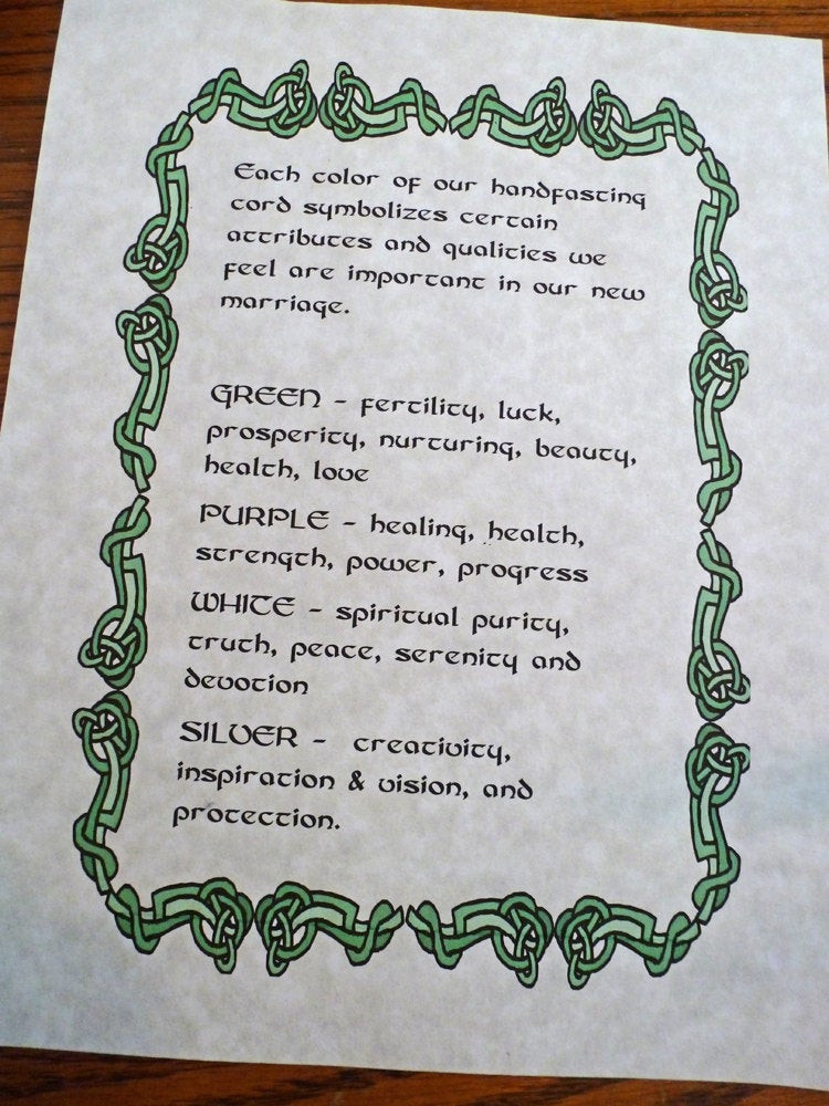 Pagan Wedding Vows
 Celtic CUSTOM HANDFASTING CERTIFICATE DeSCRIPTION of CoLors