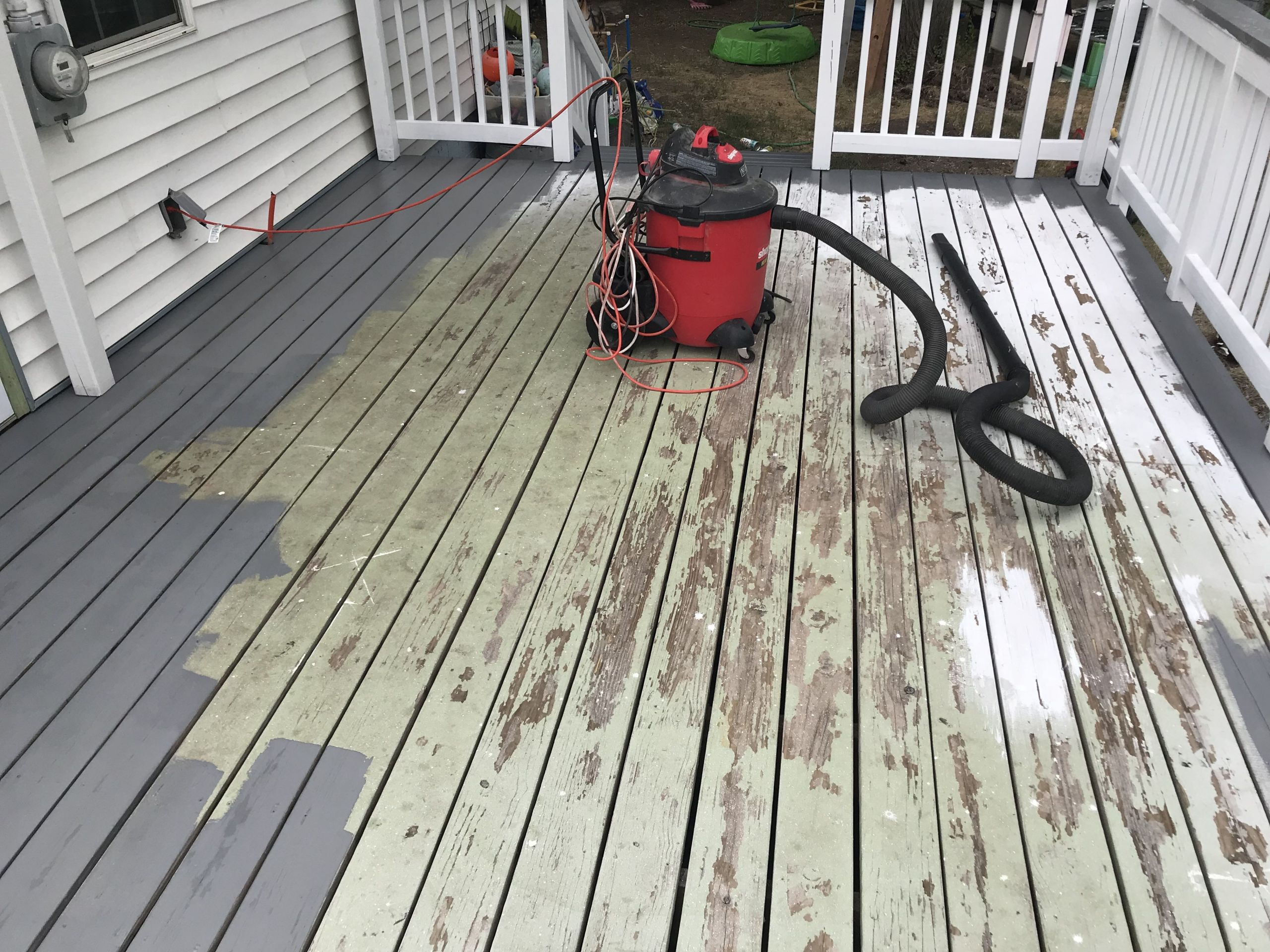 Paint Between Deck Boards
 Scraped up all loose paint and removed any dirt leaves