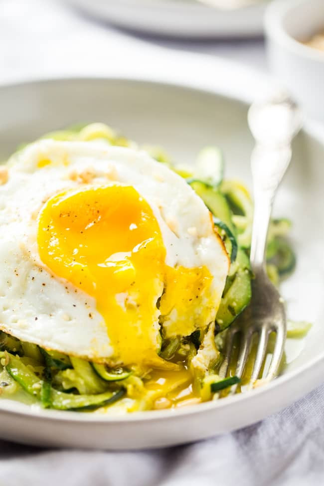 Paleo Zucchini Noodles
 Zucchini Noodles with Pesto and Fried Eggs