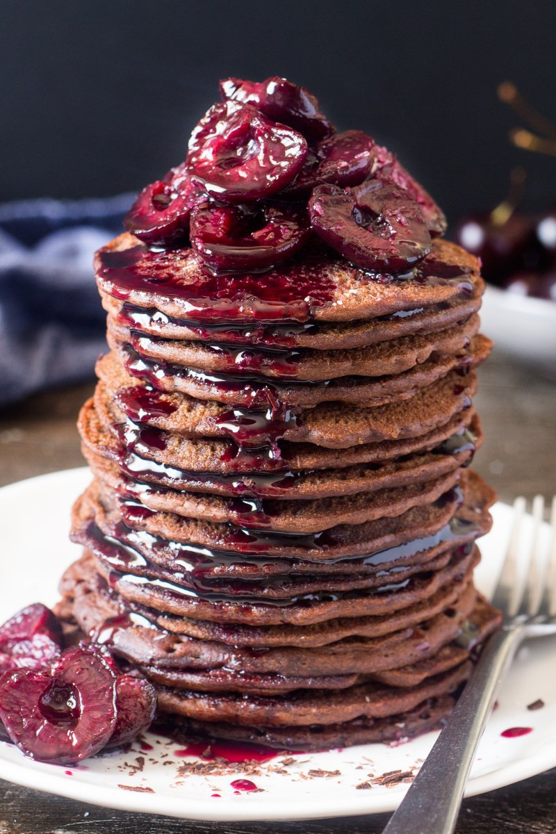 Pancakes With Chocolate Syrup
 Vegan chocolate pancakes with cherries Lazy Cat Kitchen